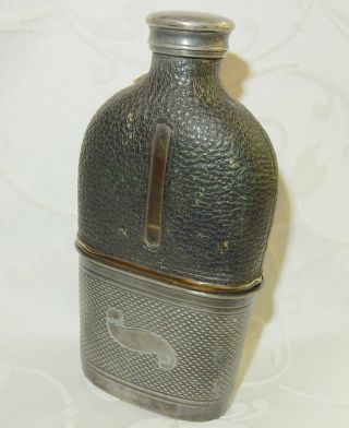 Vintage Leather & Glass Hip Flask - Good Example - 6 Inches