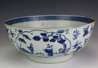 11 1/4 " Antique Chinese Export Blue & White Figural Floral Butterfly Bowl Nr Sbm