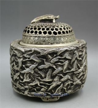 Rare Tibetan Silver Incense Burner Hand Carved Thousand Crane W Qianlong Marks