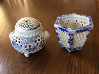 Japanese Koro Porcelain Censer Cricket Cage Hirado Meiji Reticulated