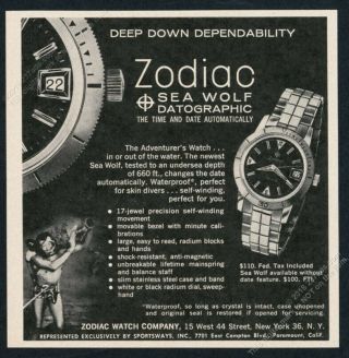 1962 Zodiac Sea Wolf Seawolf Diving Watch Diver Photo Vintage Print Ad
