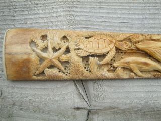 Large 80cm Carved Scrimshaw Swordfish Tusk Bone Bill With Whale & Octopus Scenes 3