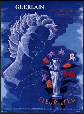 1949 Guerlain Fleur De Feu Perfume Blue Woman Flowers Art Vintage Print Ad