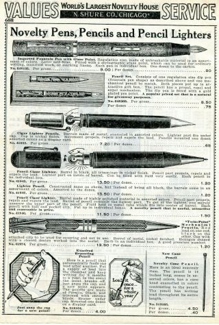 1940 Print Ad Of Cigar Lighter Pencils,  Glass Point Fountain Pen,  Cane Pencil