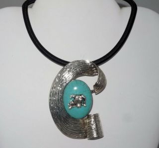 Stunning Choker Necklace Dog W Bone,  Faux Turquoise,  Pewter,  Cord Necklace