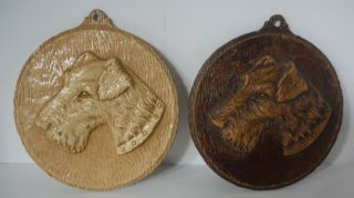 2 Detailed Vintage Round Composition Airedale Terrier \ Fox Terrier Wall Plaques