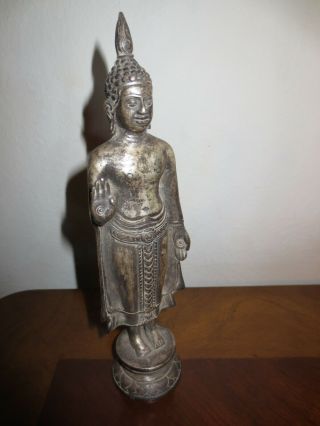 Ceylon Silver Plated Bronze Standing Kandyan Buddha Statue From Sri Lanka
