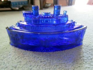 Vintage Cobalt Blue Remember The Maine Glass Candy Dish