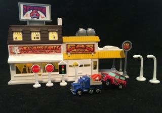 Vintage 1989 Micro Machines City Scenes Gas Station Vehicles Complete