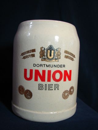 Vintage Germany Dortmunder Union Bier Red / Gold Stoneware.  5 1/2 L Beer Stein