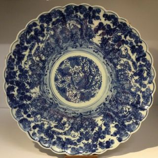 Antique Japanese Meiji Period Scallop Edge Charger Plate Blue White Transfer