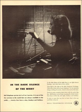 1947 Vintage Ad Bell Telephone Pretty Switchboard Operator Night Shift 072418