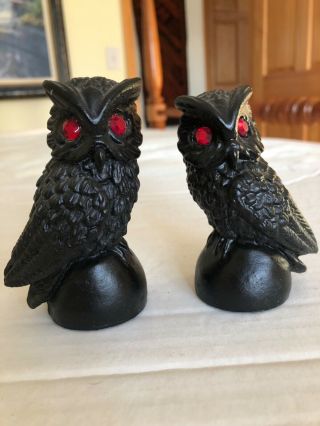 2 Black Owl Figurines With Red Stone Eyes.  3” Tall Vintage