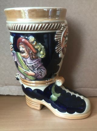 Vintage Handpainted German Pottery Boot Beer Mug Stein Tankard Ex Bg