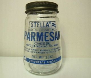 Vintage Stella Parmesan Cheese Shaker 3 Oz Glass Jar With Medal Lid Rare