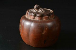 T6645: Chinese Brown Pottery Lion Sculpture Knob Tea Caddy Chaire Container