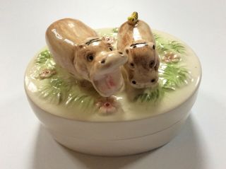 Vintage Ceramic Flower Trinket Box - Mama Hippo & Baby - Mann 1976 Japan