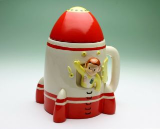 Curious George Rocket Ship Ceramic Lidded Mug Crazing Universal Studios Japan