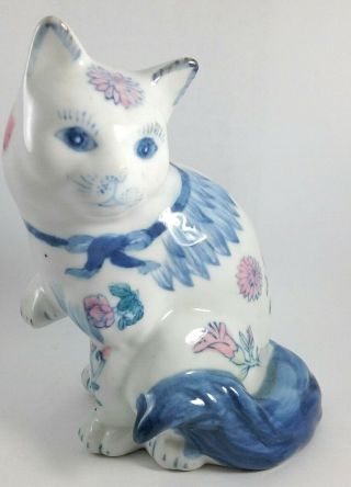 Vintage Blue And White Cat Handpainted Porcelain Floral And Grape Figurine Kitty