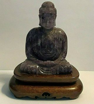 Antique Chinese Hand Carved Amethyst Stone Buddha Deity Statue Figurine On Stand