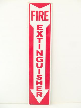 Fire Extinguisher Sign Vintage 1980s Red & White Metal Vertical Pointing Arrow