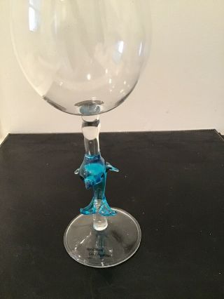 Clear Wine Glass W/ Hand Made Glass Figurine Blue Dolphin 3