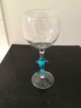 Clear Wine Glass W/ Hand Made Glass Figurine Blue Dolphin 4