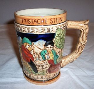 Vintage Mustache Stein Large Beer Mug Glass Cup Peach Luster Ornate Woods Men