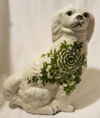 Unbranded Hand Painted White Dog Statue With A Green Flower Pattern On The Front