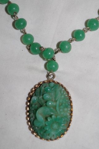 Vintage Green Jade Carved Stone Pendant & 14 " Beads Necklace Chinese Symbols