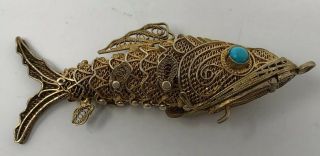 Vintage Chinese Sterling Silver Vermeil Turquoise Articulated Fish Pendant Opens