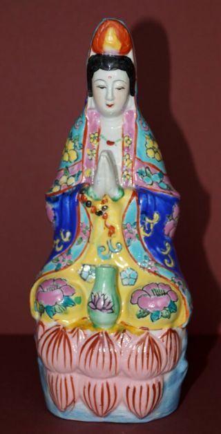 Old Item Early 20th C Porcelain Sitting Kwan Yin Old Coloring