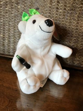 1997 Coca Cola White Bean Bag Plush Polar Bear 0144,  6 Inches 6 " Green Bow