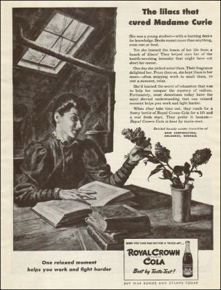 1943 Ww2 Era Ad Royal Crown Cola Rc Soda Art Madame Curie And Lilacs 122915