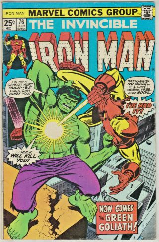 Invincible Iron Man 76 Fn/vf 1975 Vs The Hulk Marvel Bronze Age Comics
