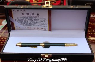 12 " Chinese Natural Xinjiang Green Jade Fountain Pen Leather Box Statue