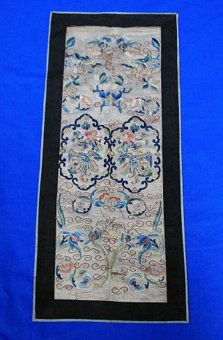 Antique Chinese Hand Embroidered Silk Textile Panel With Flowers 9 " X 21 "