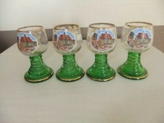 Set Of Four Green Stem Vintage German Roemer Wine/hock Glasses Heilbronn 3.  5 " Ta