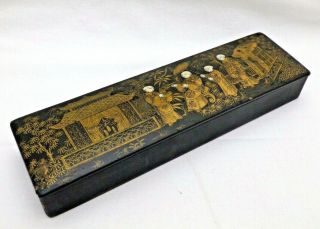 Antique Japanese Black Lacquered Paper Mache Gold Hand Painted Pencil Case