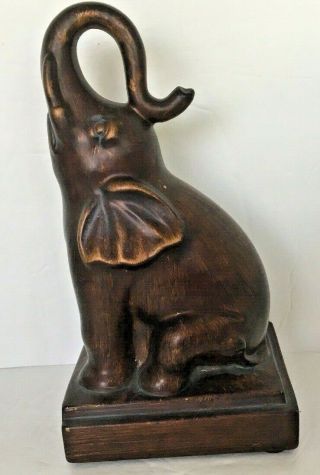 Figurine Statue Lucky Elephant Trunk Up Book End Brown Ceramic 9 " Tall