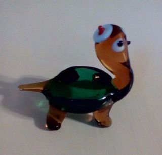 Miniature Art Glass Green Amber 2 " Turtle With Cute White Red Hat