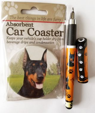 Doberman Design Gift Set - 1 Car Stoneware Coasters And 1 Easy Glide Gel Pen