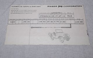 Vintage 1967 Kaiser Frazer Jeep Employee Statement Of Earnings Check Stub