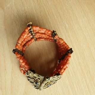 17 Old Antique Yemeni Silver Bracelet with old Chinese Natural Coral Beads 28g 2
