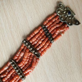 17 Old Antique Yemeni Silver Bracelet with old Chinese Natural Coral Beads 28g 5