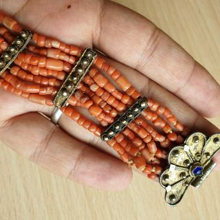 17 Old Antique Yemeni Silver Bracelet with old Chinese Natural Coral Beads 28g 7