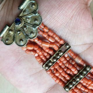17 Old Antique Yemeni Silver Bracelet with old Chinese Natural Coral Beads 28g 8
