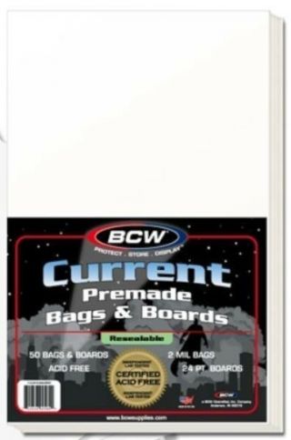 Pack Of 50 Bcw Premade Resealable Current Comic Bags And Backer Boards