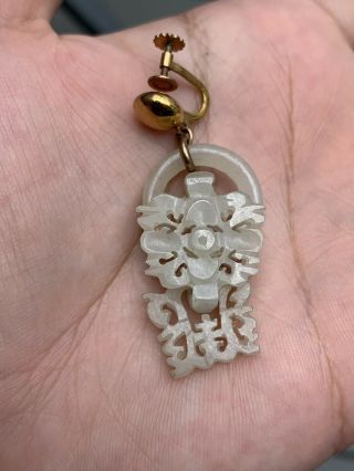 Outstanding Antique Chinese White Jade Earring Carved pendants 7