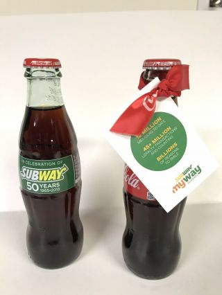 Coca Cola Subway 50th Anniversary Bottle And Subway Rewards Program Bottle.